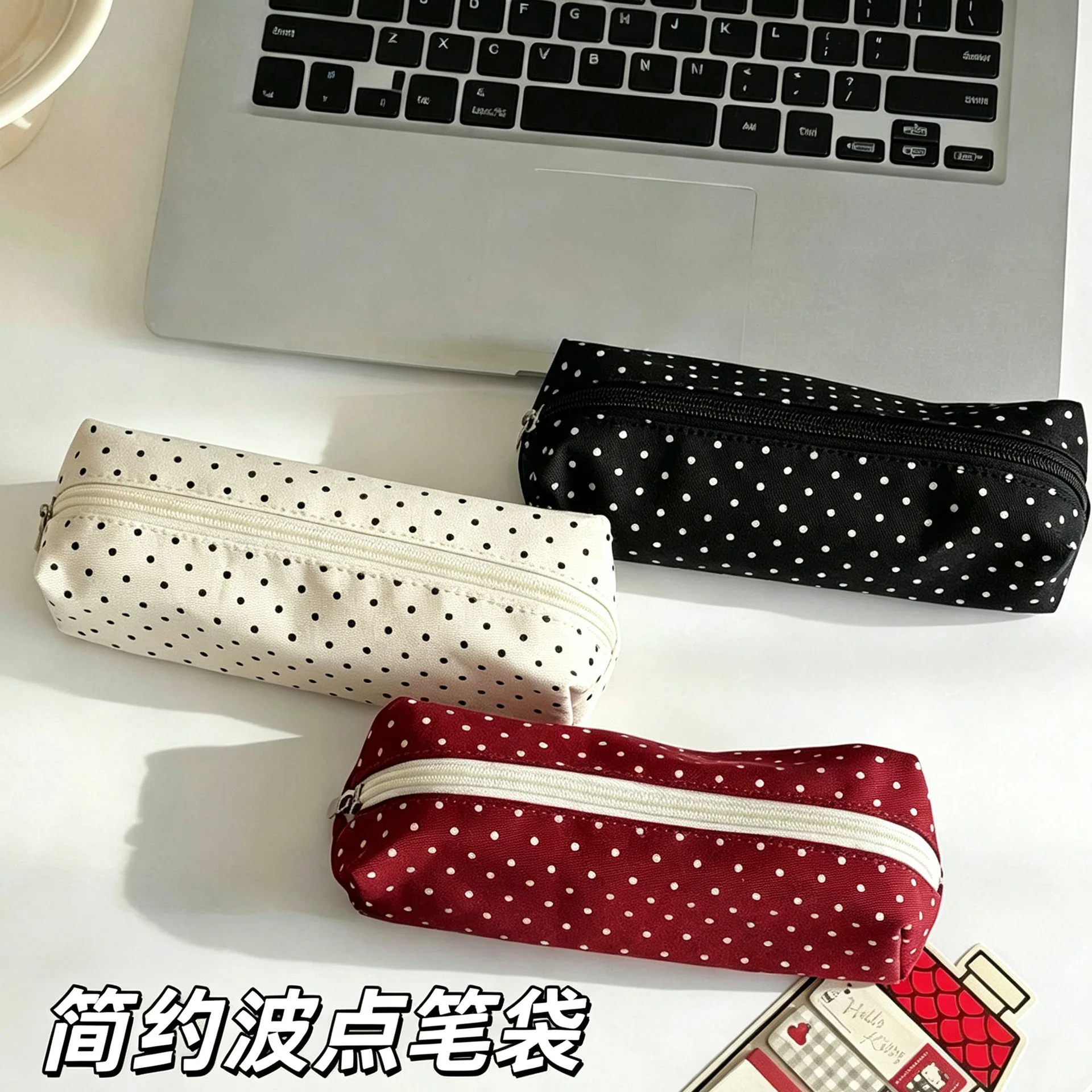 Canvas Korean polka dots simple junior high school female students pencil case large capacity ins style stationery box storage