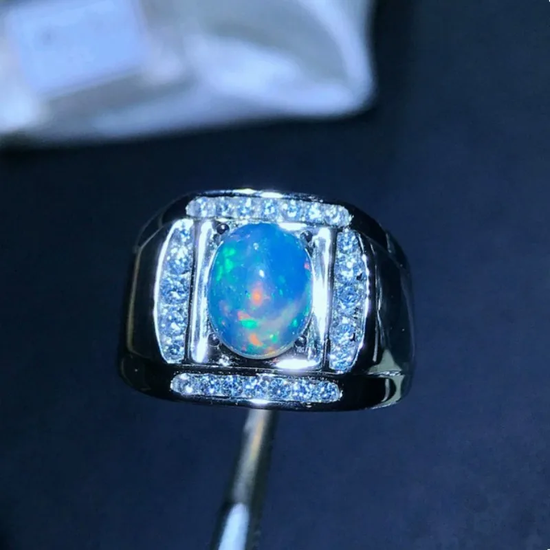 

Luxury Man Gemstone Ring for Party 7mm*9mm Natural White Opal Man Jewelry Solid 925 Silver Opal Jewelry with Gold Plating