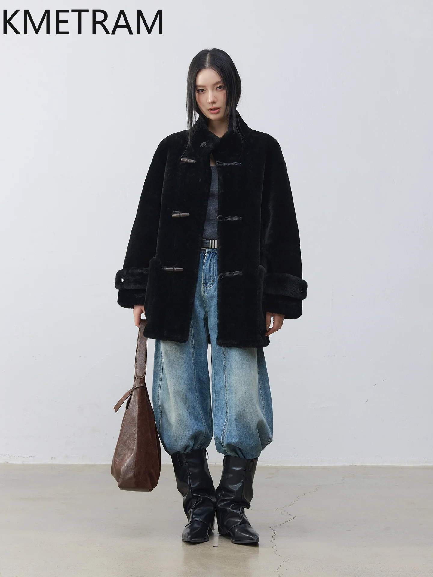 KMETRAM جلد الغنم ميرينو الطبيعي مع الصوف المرفق معطف خمر الوقوف طوق سترة الفراء الحقيقي ملابس امرأة معاطف الشتاء 2025