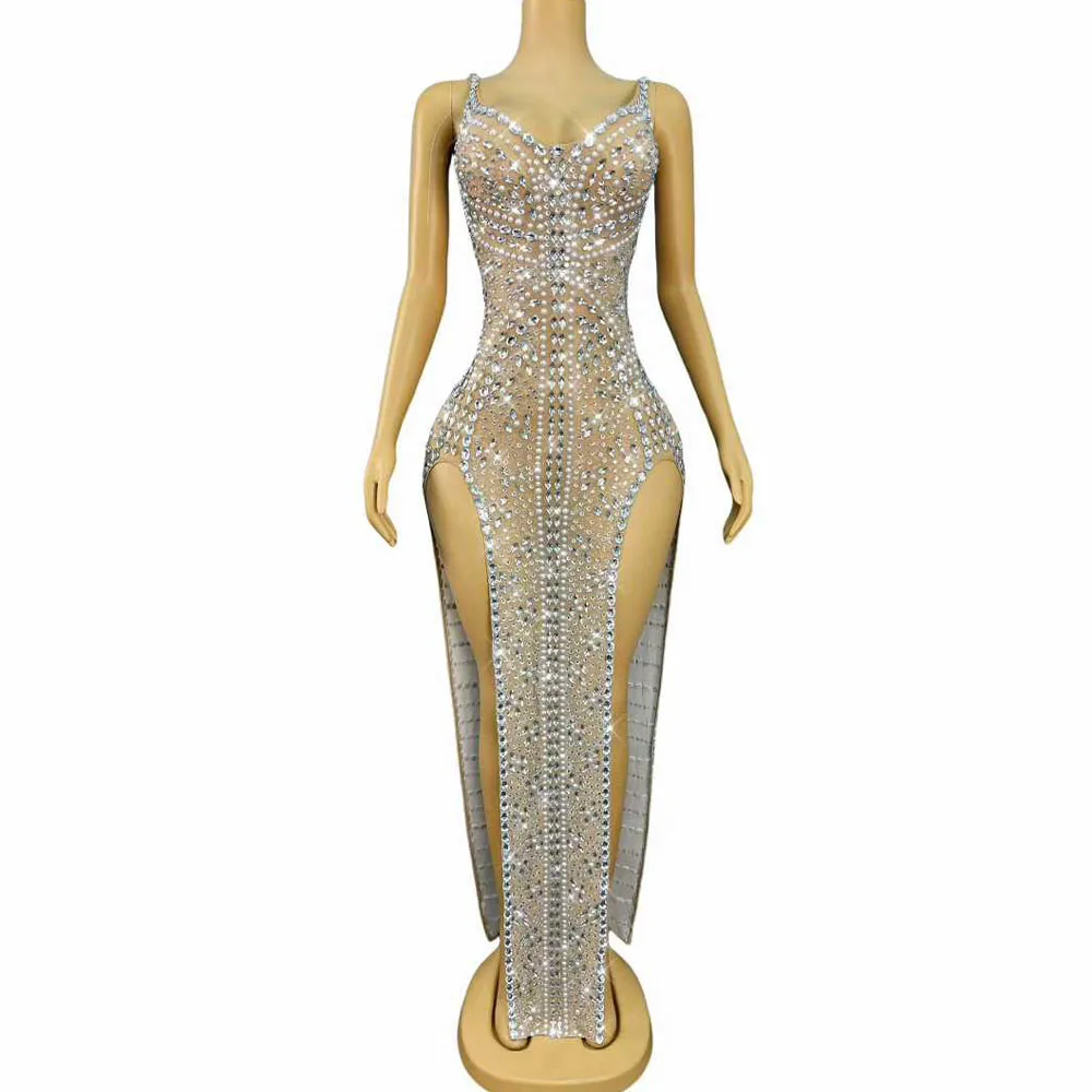 Luxury Twinkling Rhinestones Pearls Sexy V-neck High split Dress Evening Cocktail Birthday Party Gown Red carpet Stage Wear