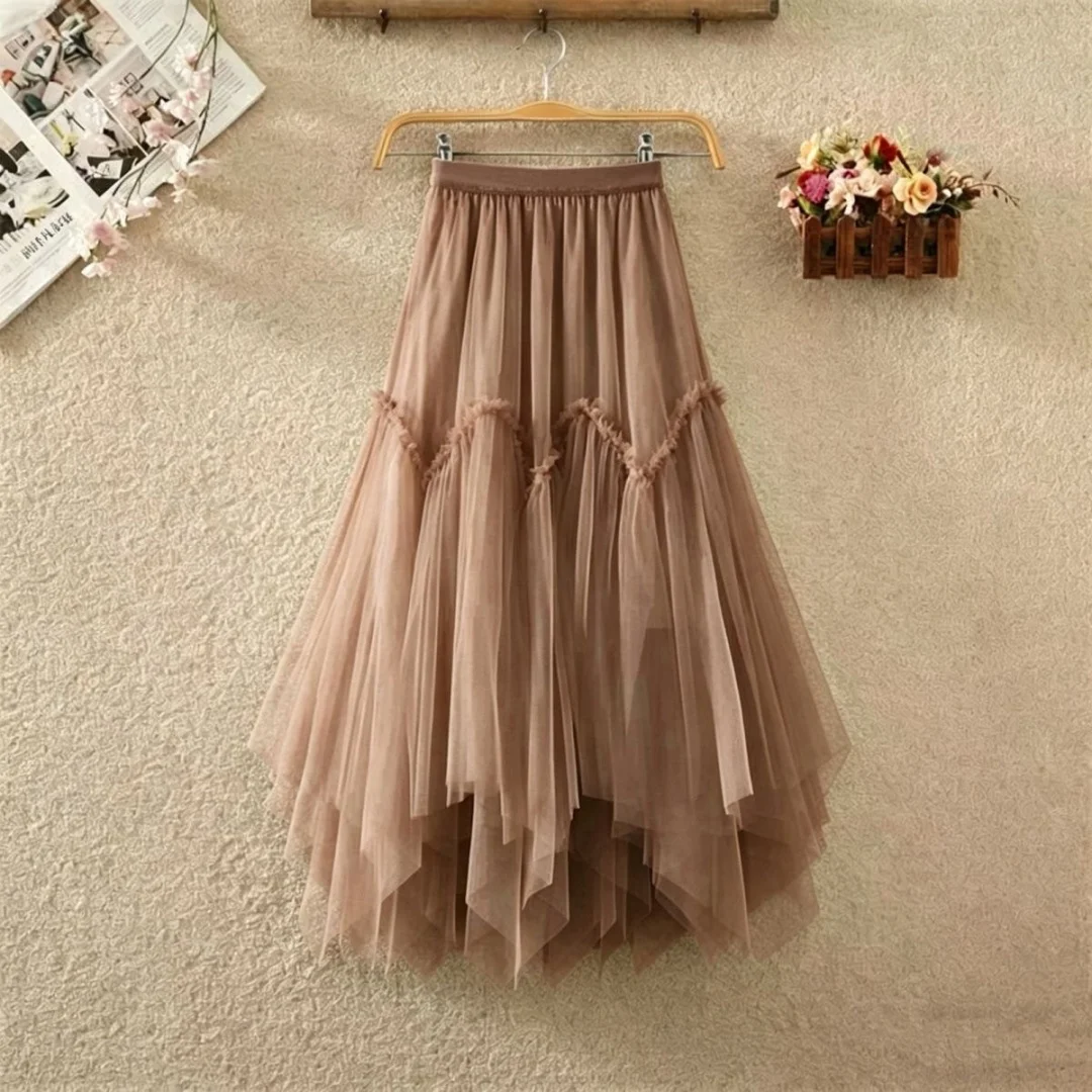 Eleganter Tüll-Midirock, Feenartiger Netzrock, unregelmäßiger, flauschiger Rock, Party-Herbst-Ballkleid, süßer, gestufter Rock mit elastischem Bund, A-Linie – Detail 2