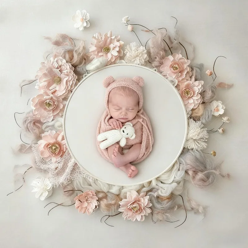 Mohair Newborn Photography Wrap Set, Handmade Knitted Bear Hat & Blanket for Baby Boys Girls, Teddy Photoshoot Prop Costume