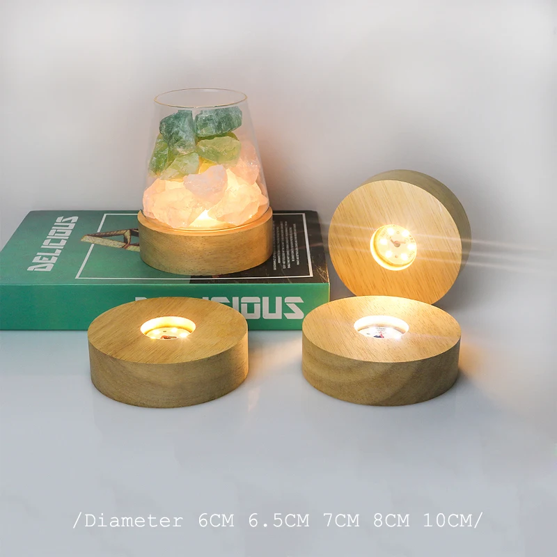 Creative DIY Wooden Luminous Lamp Holder Touch Switch Rechargeable LED Light Dispaly Base Crystal Glass Resin Art Ornament