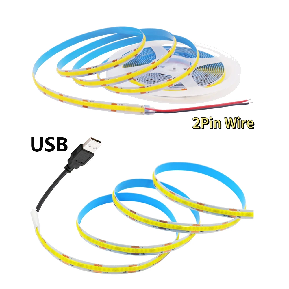 12v 5v usb cob led luz de tira com fio 2pin 320 384 480 528 leds fita flexível iluminação linear branco quente rosa azul vermelho amarelo