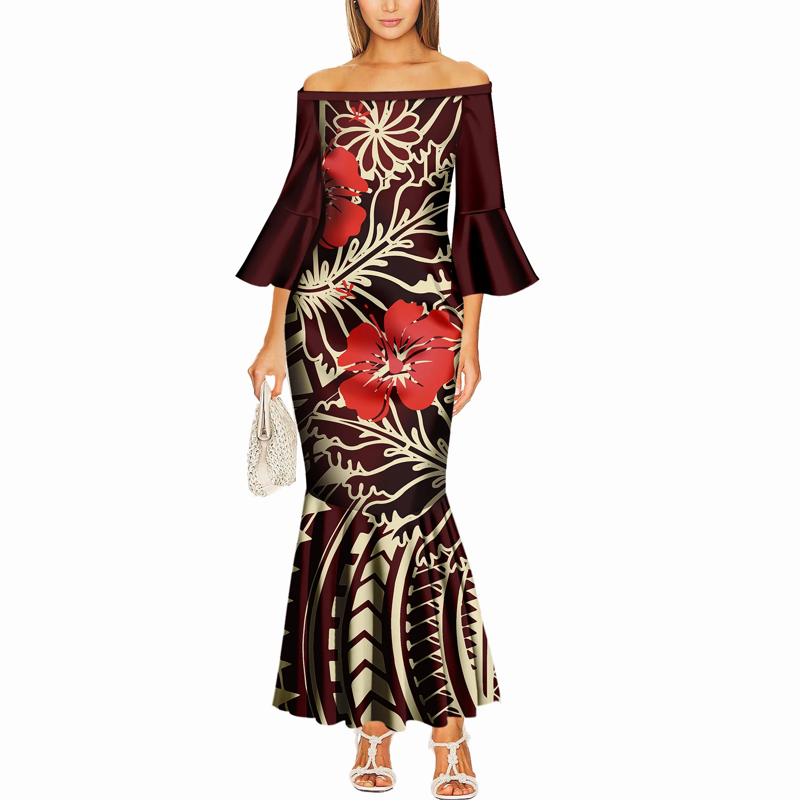 فستان كلاسيكي بسيط وعالي الجودة بكتف واحد وأكمام واسعة نحيف بولينيزيا مصنوع حسب الطلب طويل ذيل السمكة للنساء #3