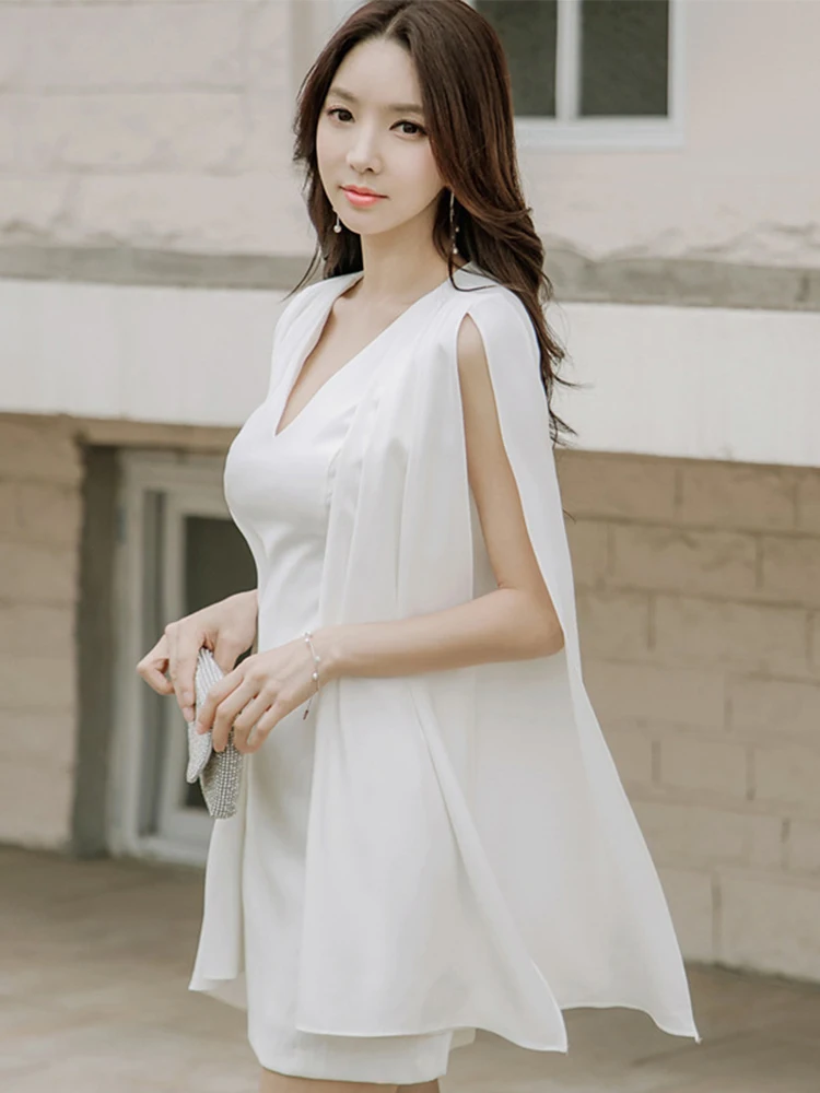 Abito da sera elegante da donna alla moda coreana Lady Chic bianco Casual scollo a v Slim Mini Party Club Prom Femme Mujer abiti estate