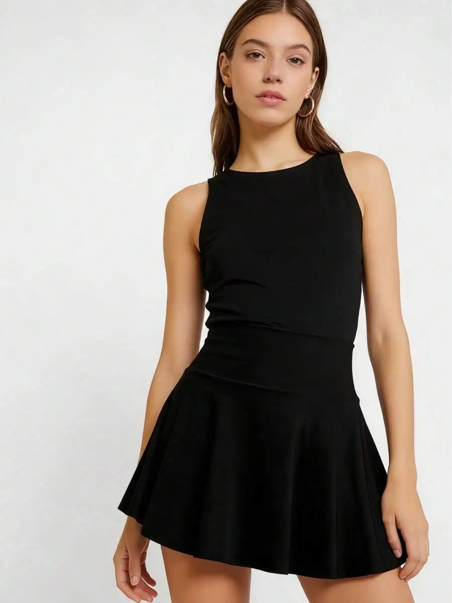 Black Sporty Skort With Side Pocket For Tennis Yoga Workout