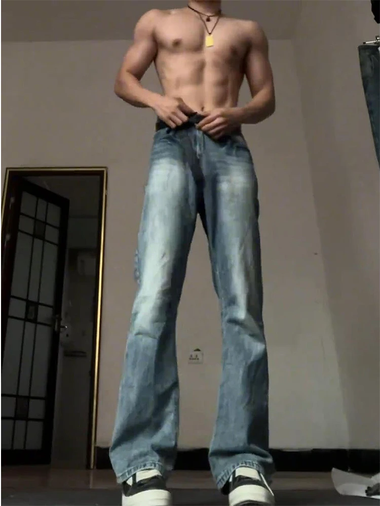 

Blue High Waist Men's Jeans Summer American Retro Cleanfit Straight Leg Micro Flare Waed Denim Casual Youth ular