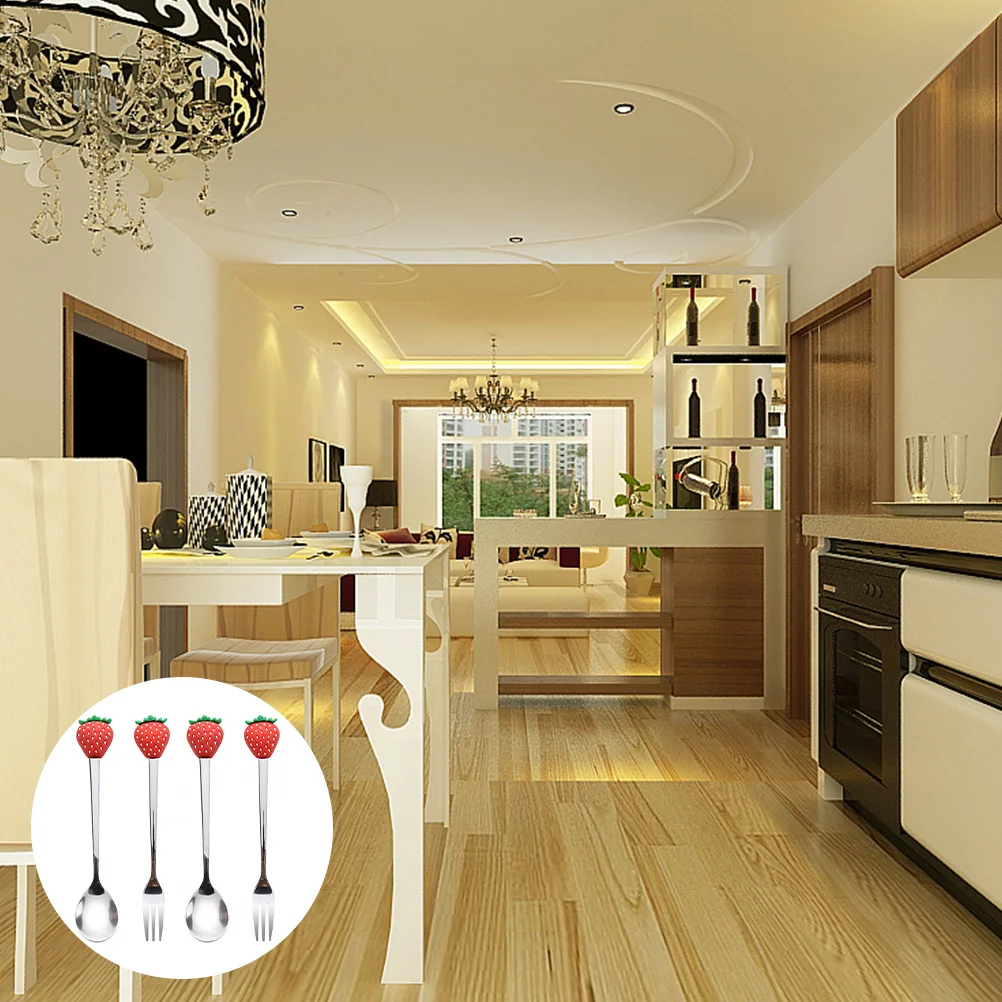 

4Pcs Cute Silverware Set Fruit Shaped Stainless Steel Fork Spoon Tableware Unique Design Gift for Female Friends