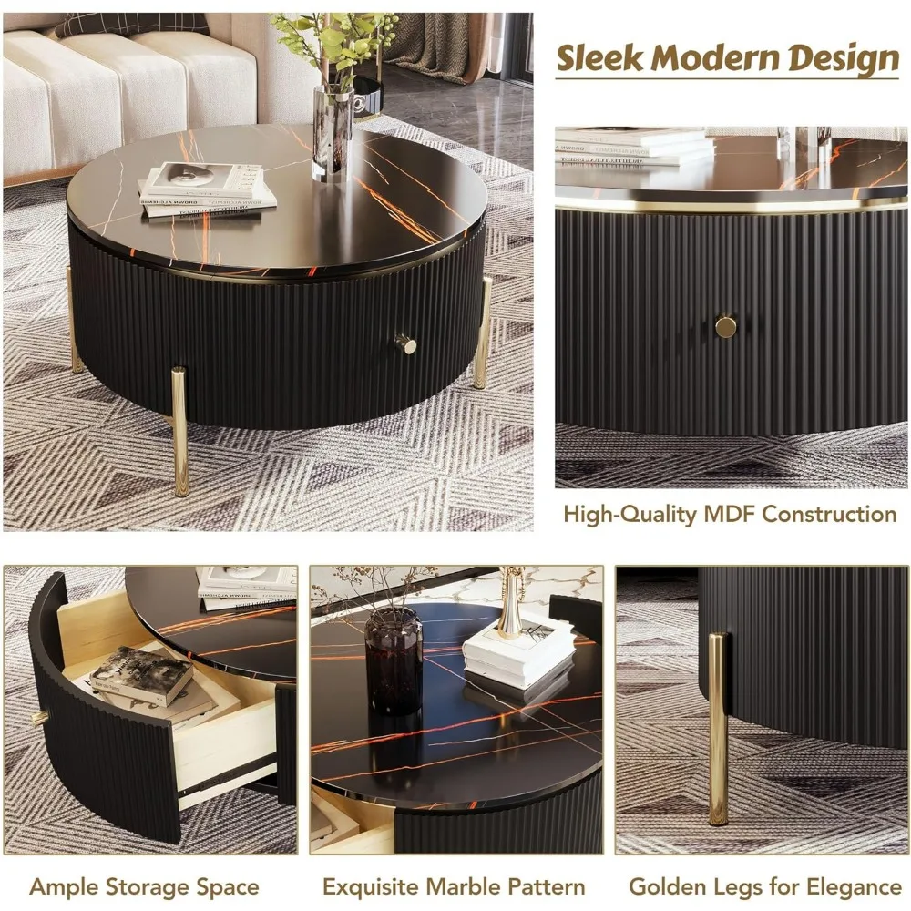 Modern Black and Gold Round Coffee Table with Drawers, Drum Style Marble Top Center Table with Golden Legs
