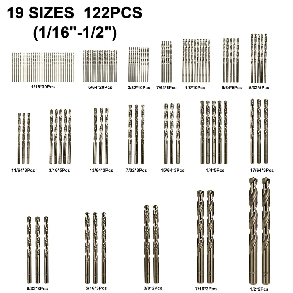 ชุดดอกสว่านโคบอลต์ 122 ชิ้น สำหรับวัสดุเหล็กกล้าชุบแข็งและสแตนเลส ดอกสว่านไฮสปีดสตีลแบบเจาะเกลียว ตั้งแต่ขนาด 1/16 นิ้ว