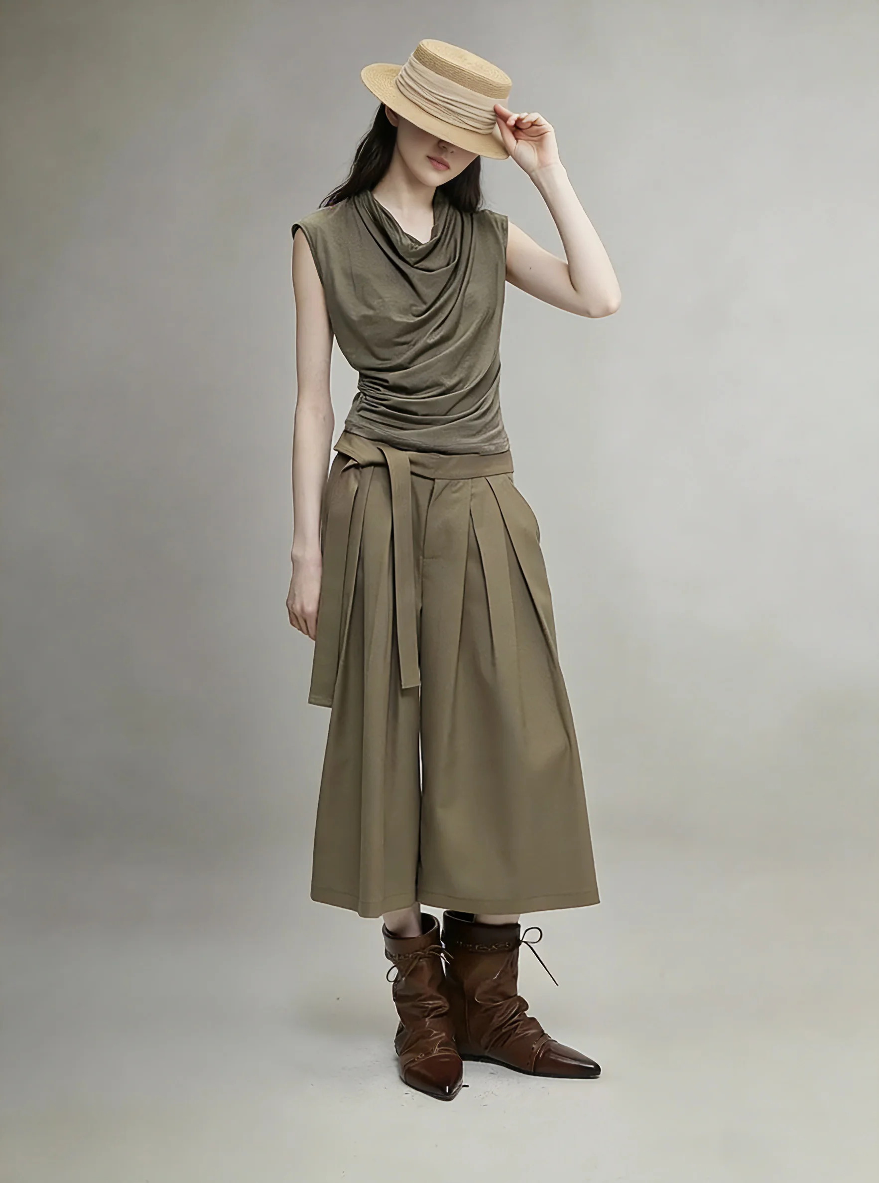 

Ретро-комплект: зеленый жилет без рукавов и брюки с высокой талией и широкими штанинами. Женская повседневная модная одежда для весеннего сезона, средней плотности, свободного кроя.