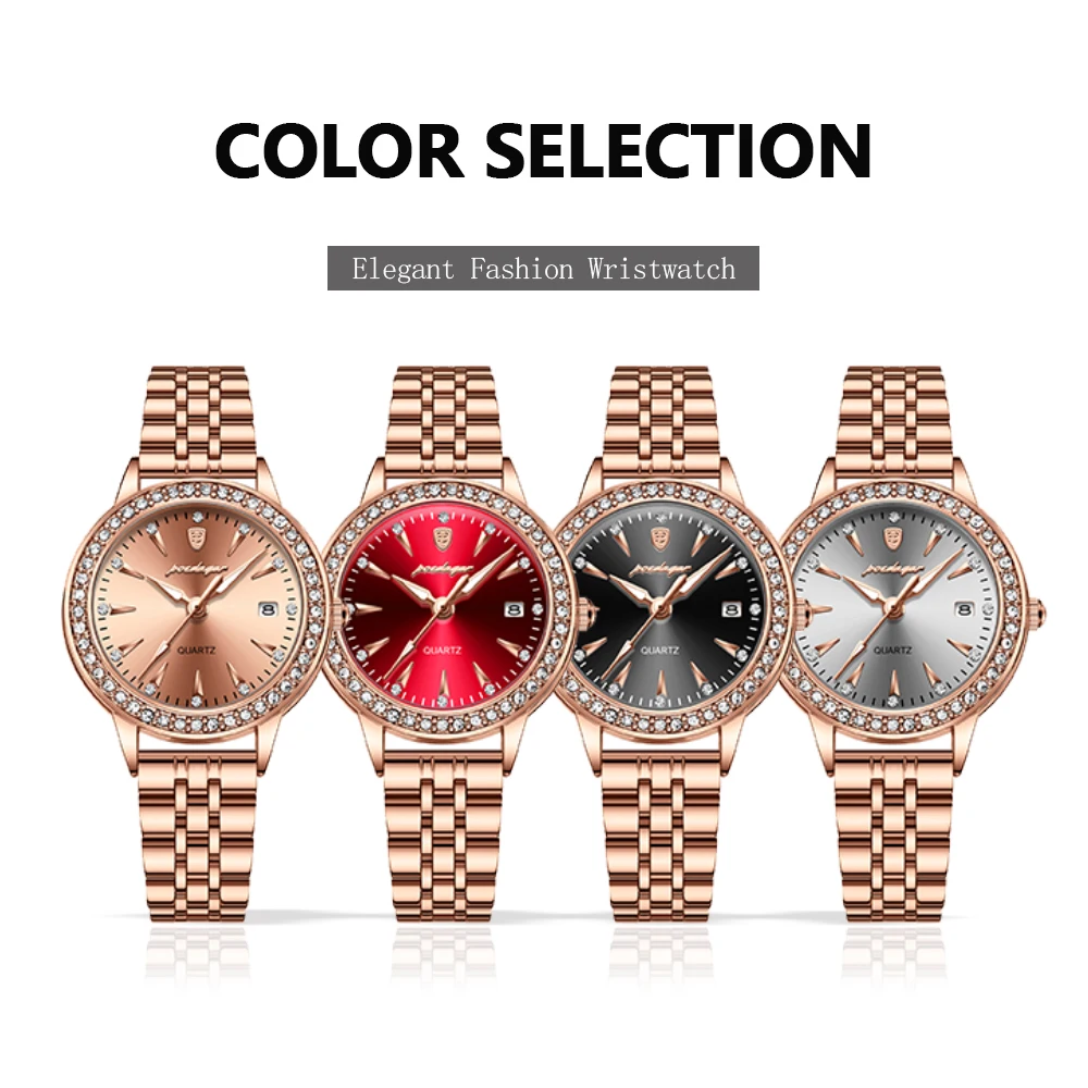 POEDAGAR Women\'s Watches Elegant Fashion Original Quartz Watch for Girl Diamond Bezel Waterproof Stainless Steel Luminous Date