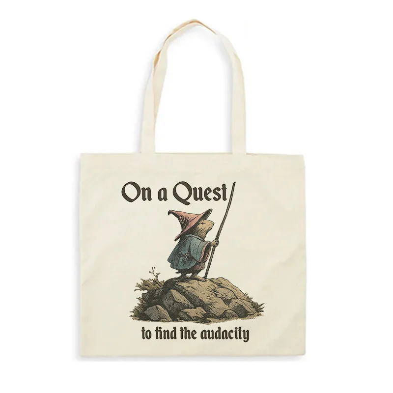 Retro Fantasy Mouse Wizard Graphic Canvas Tote Bag Medieval Text Print Reusable Casual Shopping Canvas Shoulder Bag
