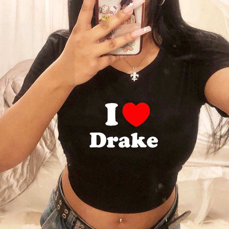 

Женский укороченный топ I Love Drake с красным сердечком в стиле Харадзюку, повседневная футболка, модная одежда, летняя летняя уличная одежда с рукавами в стиле Харадзюку