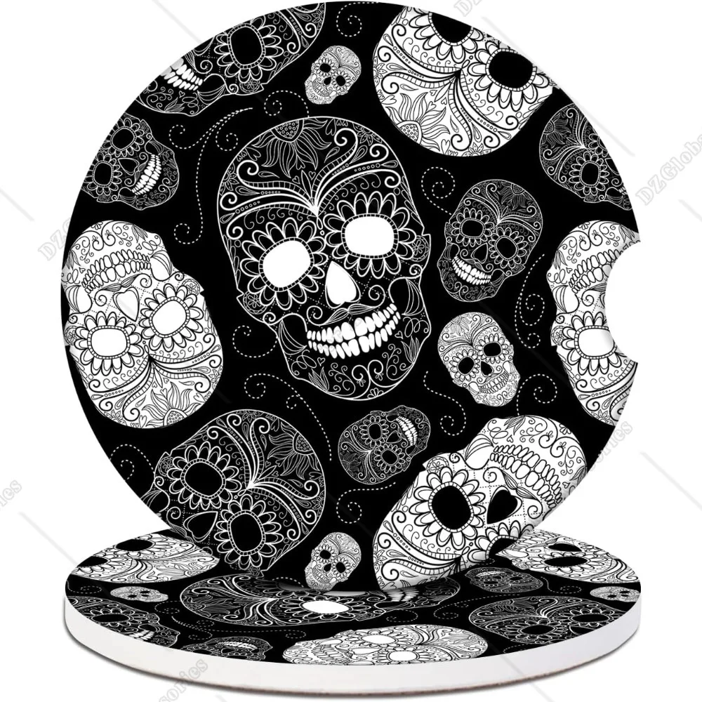 Car Cup Holder Coasters Black White Sugar Skull Absorbent Ceramic Coaster 2 Pack Car Drink Coaster Car Accessories for Women Men