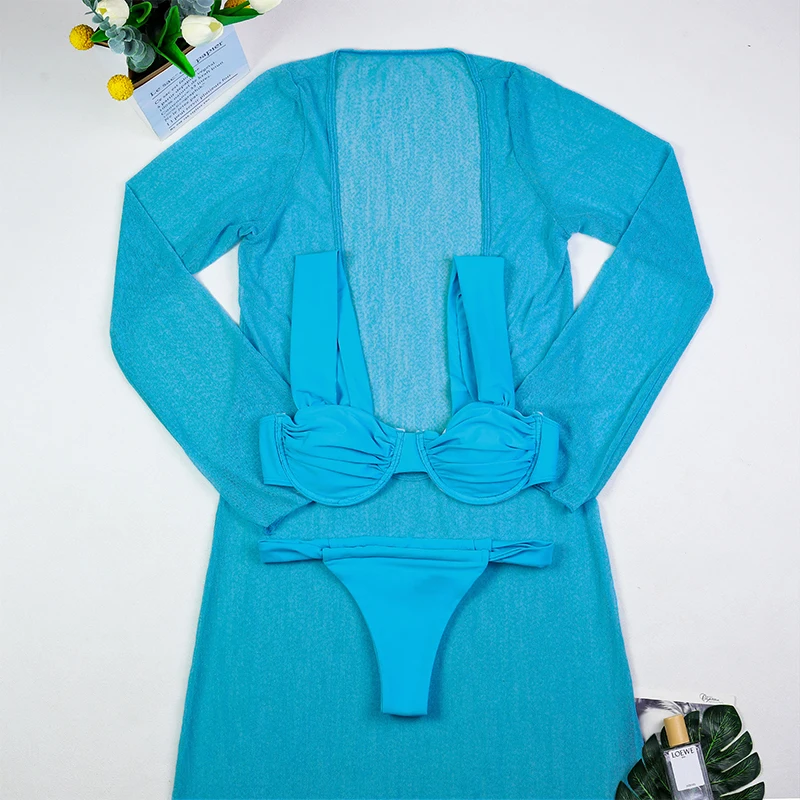 

Женский сексуальный комплект бикини из 3 предметов, купальник, длинное платье, накидка, женская пляжная одежда, купальный костюм, купальный костюм, 2025