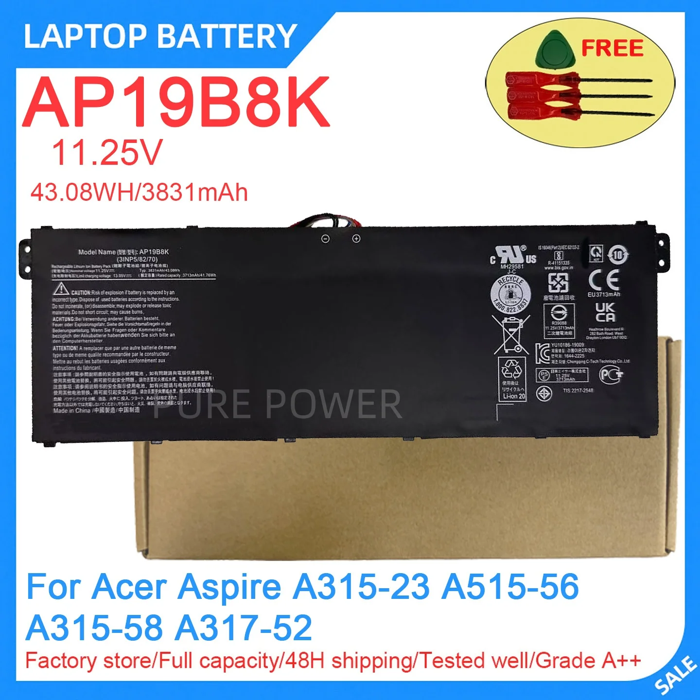 New Laptop Battery AP19B8K 11.25V 43.08WH 3831mAh High Quality For Acer Aspire A315-23 A515-56 A315-58 A317-52