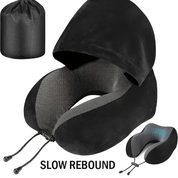 Memory Foam Hooded U-Shaped Travel Pillow with Detachable Cover Portable Neck Support for Airplane Office Nap Car and Home Use 1