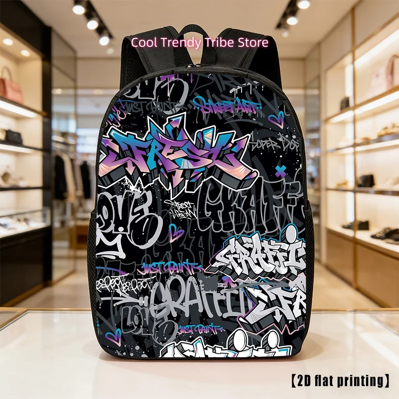 A Stylish Graffiti-Printed Backpack That Is Lightweight And Spacious, Featuring Adjustable Shoulder Straps And Side Pockets. Per