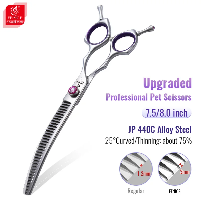 

Fenice Professional 7.5/8.0 inch JP440C Pet Grooming Shears Fishbone Teeth Curved Chunker Scissors 75% Thinning Groomer Tools