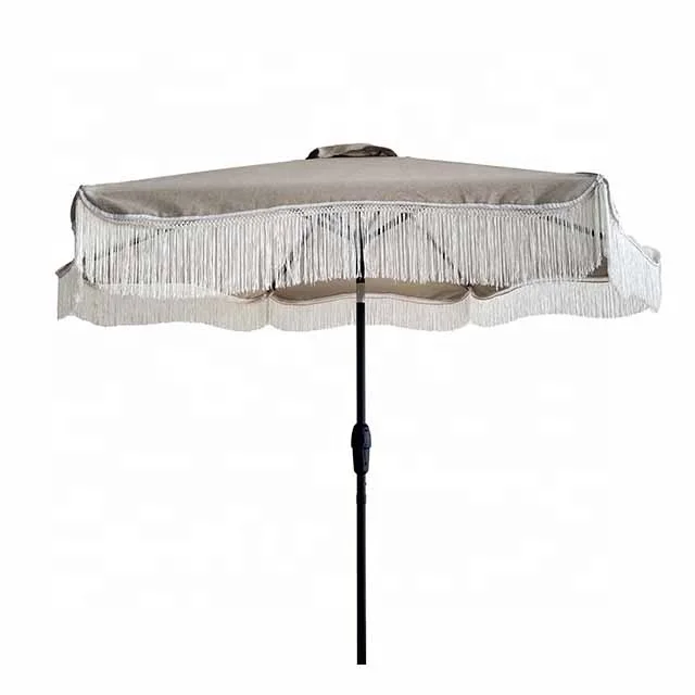 #Wholesale 2.3m Luxury Outdoor Crochet Center Pole Iron Parasol Fringe Edge Decorated Contemporary Foldable Customized Courtyard