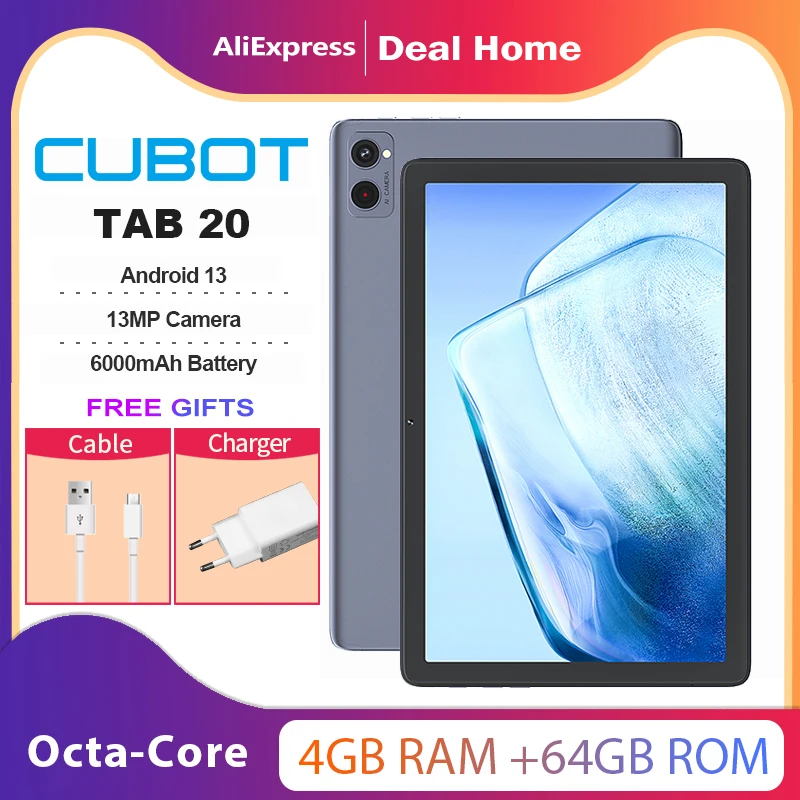 Планшет Cubot TAB 20 на Android 13, восемь ядер, экран 10,1 дюйма, 4 Гб + 64 ГБ (поддержка 1 ТБ увеличения), Аккумулятор 6000 мАч, 4G, две SIM-карты, Wi-Fi, GPS