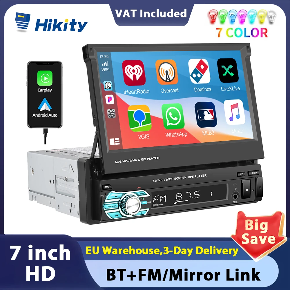 Hikity Universal 1DIN 7" HD Retractable Touch Screen Car mp5 Player with Bluetooth FM Radio Receiver Support Mirror Link TF/USB