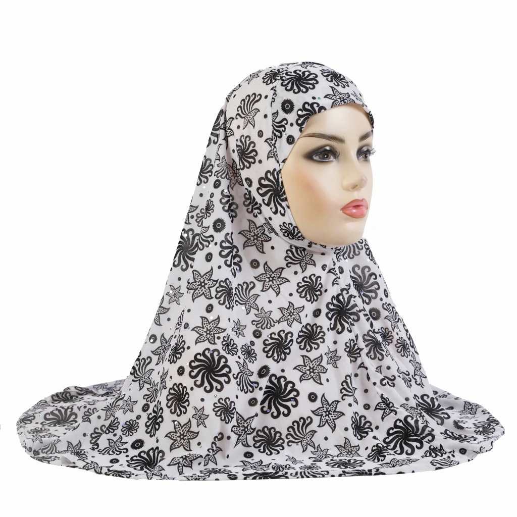 Shoulder Length printed Muslim Hijab Girls Scarf Amira Hat Headwrap Shawl