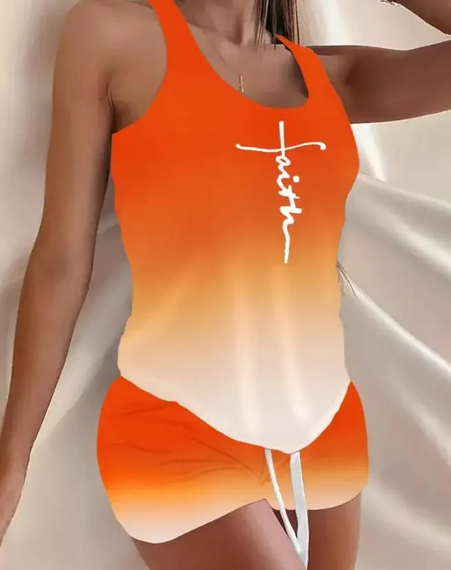 طقم ملابس نسائية مكون من قطعتين من CPSYMYM ملابس صيفية مرصعة بنجوم ومطبوعة برقبة على شكل حرف U بدون أكمام وسروال قصير يومي غير رسمي