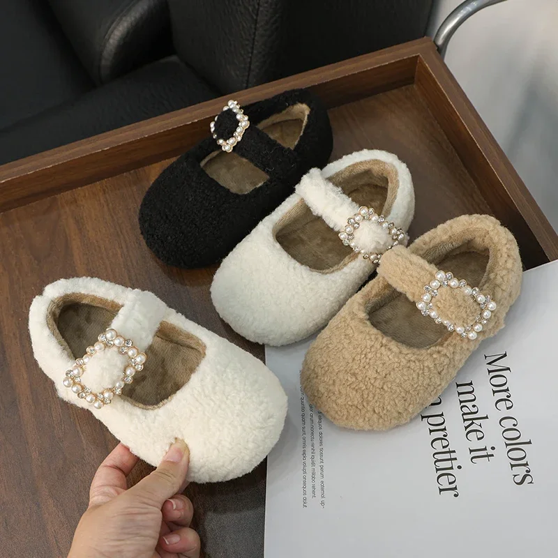 Girls Furry Hairy Flat Shoes Winter Children's Shoes Warm Outdoor Versatile Princess Causal Kids Cotton Shoes Fashion Round-toe