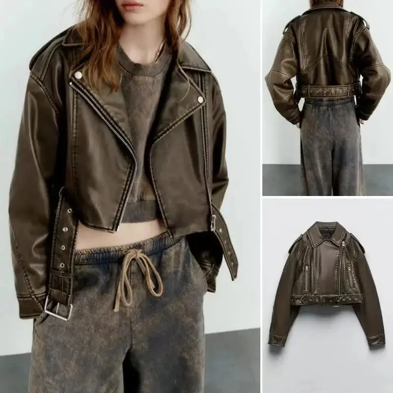 

New Spring Pu Leather Women Jacket Vintage Loose Faux Leather Jacket With Belt Streetwear Zipper Retro Biker Coat Outwear Tops