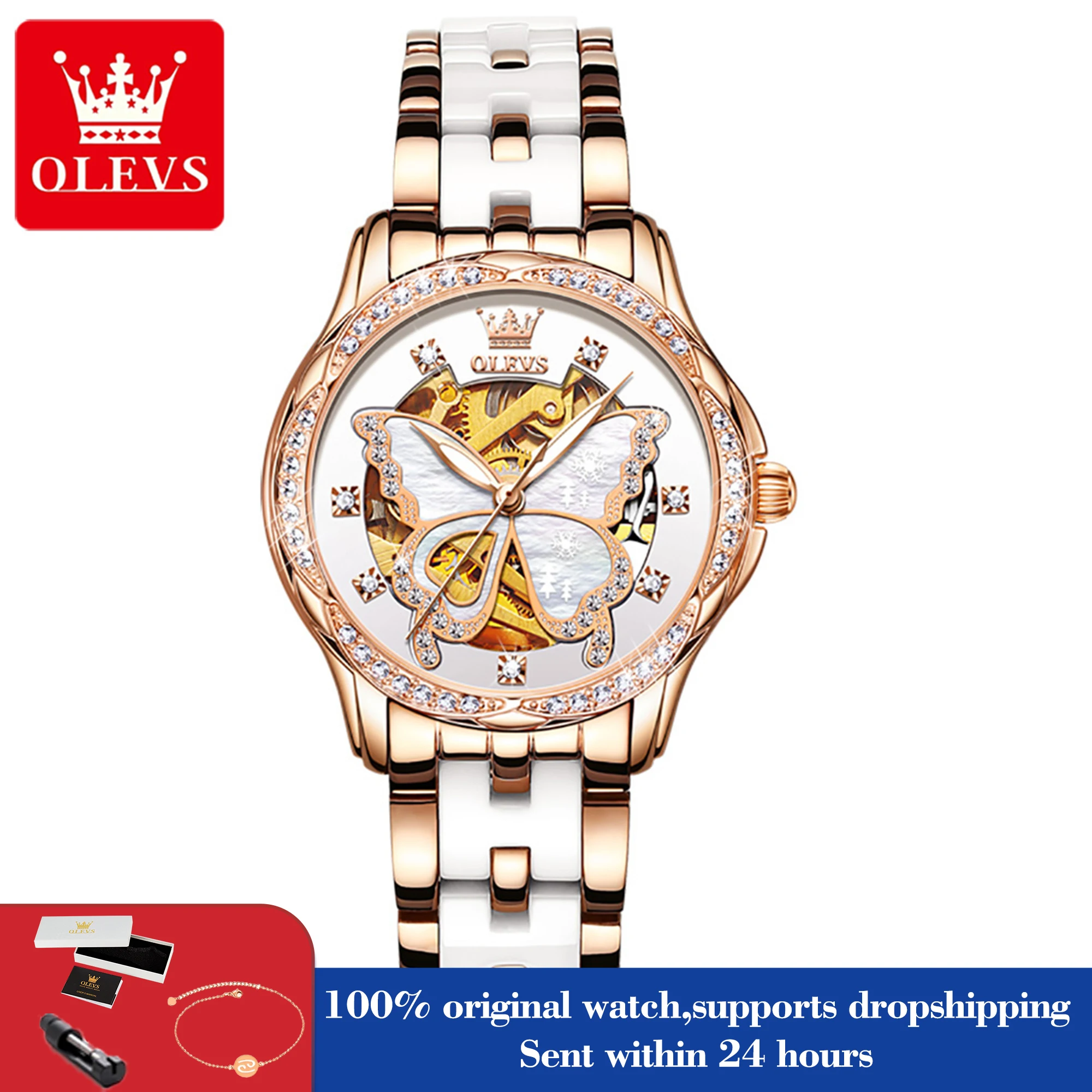 

OLEVS Watch For Women Luxury Mechanical Woman Watch Waterproof Luminous Diamond Ladies Automatic Hand Clock Butterfly Dial 6622