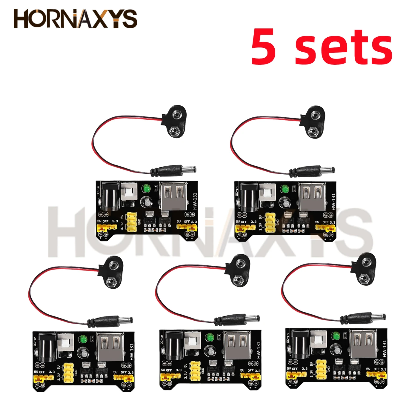 5sets 3.3V 5V MB102 Solderless Breadboard Power Supply Module with 9V Battery Clip Power Cable 2.1x 5.5mm Male DC Jack Plug