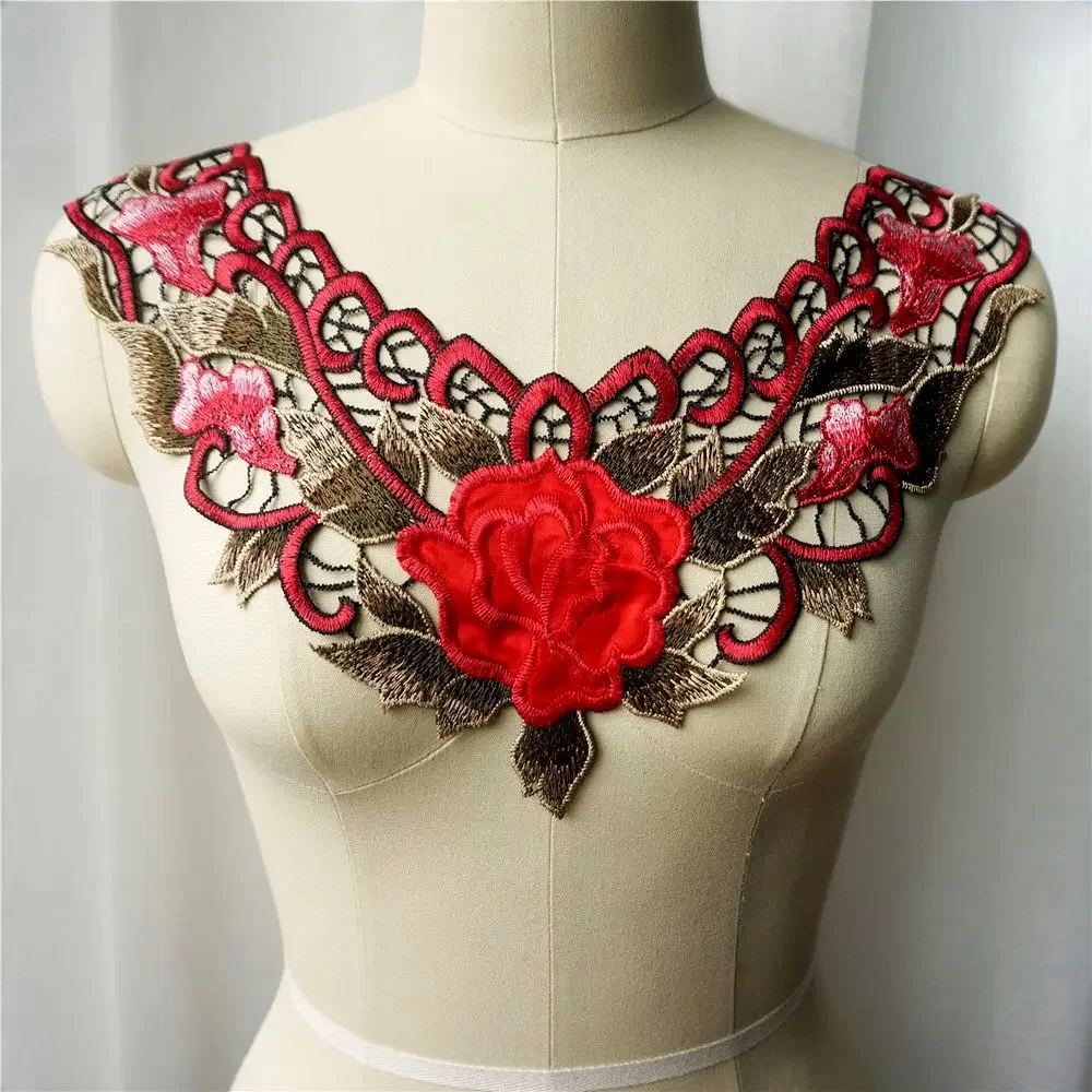 Embroidered Flower Red Rose Tassel Fabric Collar Flora Leaf Gown Appliques Sew On Patch For Wedding Decoration Dress DIY