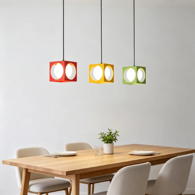 Nordic Colorful Square Iron Glass Pendant Lights Green Red Yellow Dining Room Bar Creative Personality Single Head Pendant Lamp