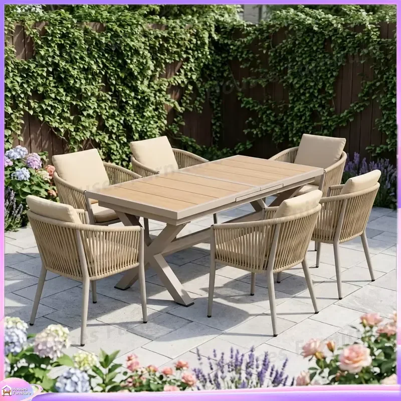 Modern Aluminum Alloy Telescopic Garden Table and 4 Chairs Set Weatherproof Waterproof Outdoor Patio Furniture Dining Set