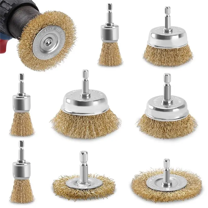 ABJN-Wire Wheel Cup Brush For Drill, 9 Pack Carbon Steel Bristles Wire Brush Set Coarse Crimped Abrasive Brass Coated Brushes
