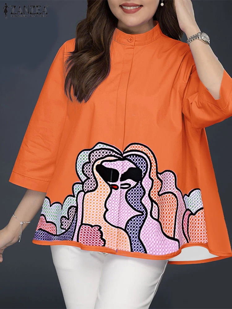 

Fashion Women Shirt ZANZEA Summer Blouses Oversize 3/4 Sleeve Printed Tunic Tops Elegant Stand Neck Work Blusas Loose Chemise