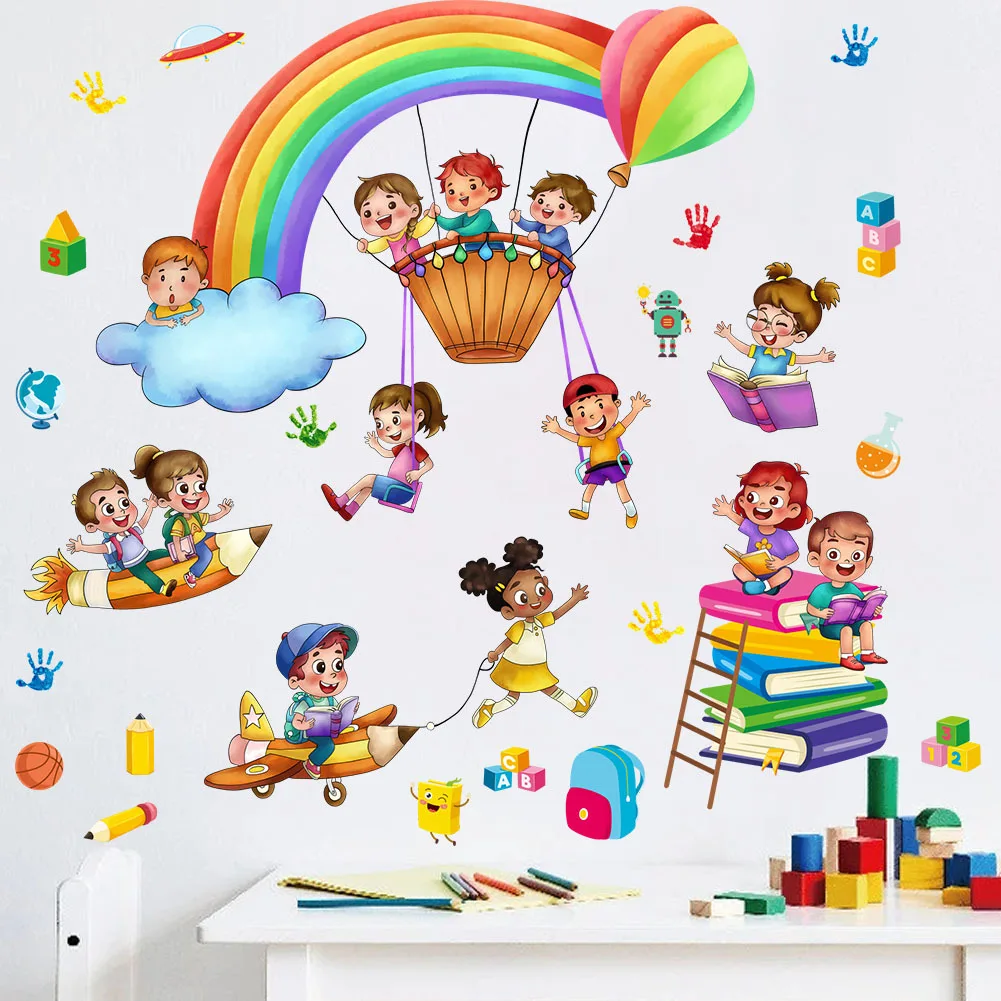 cartoon kids play game rainbow wall sticker self adhesive school classroom wall decal mural