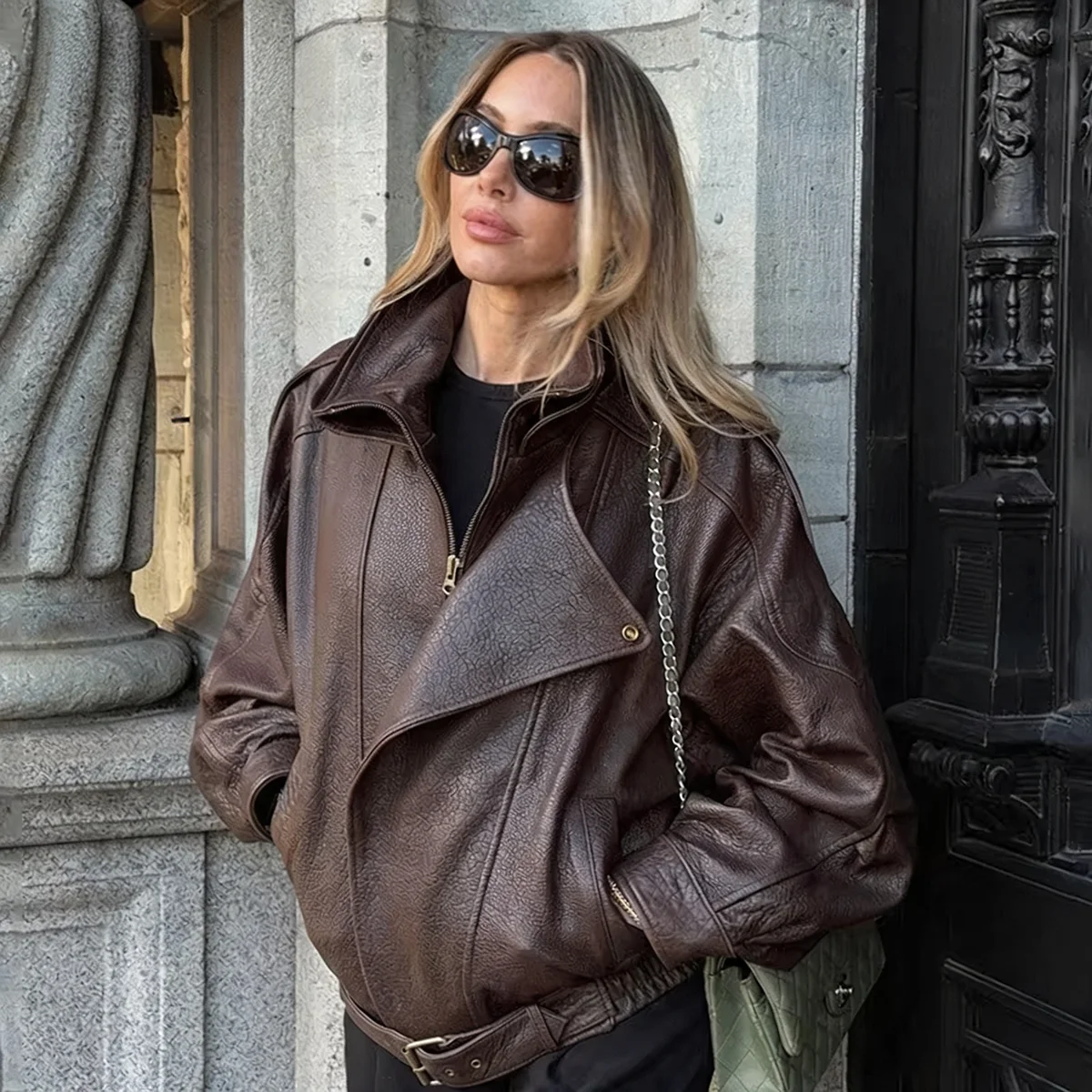 2026 Autumn Winter Women Faux Leather Jacket High Stand Collar Asymmetrical Zip Belted Drop Shoulder Coat