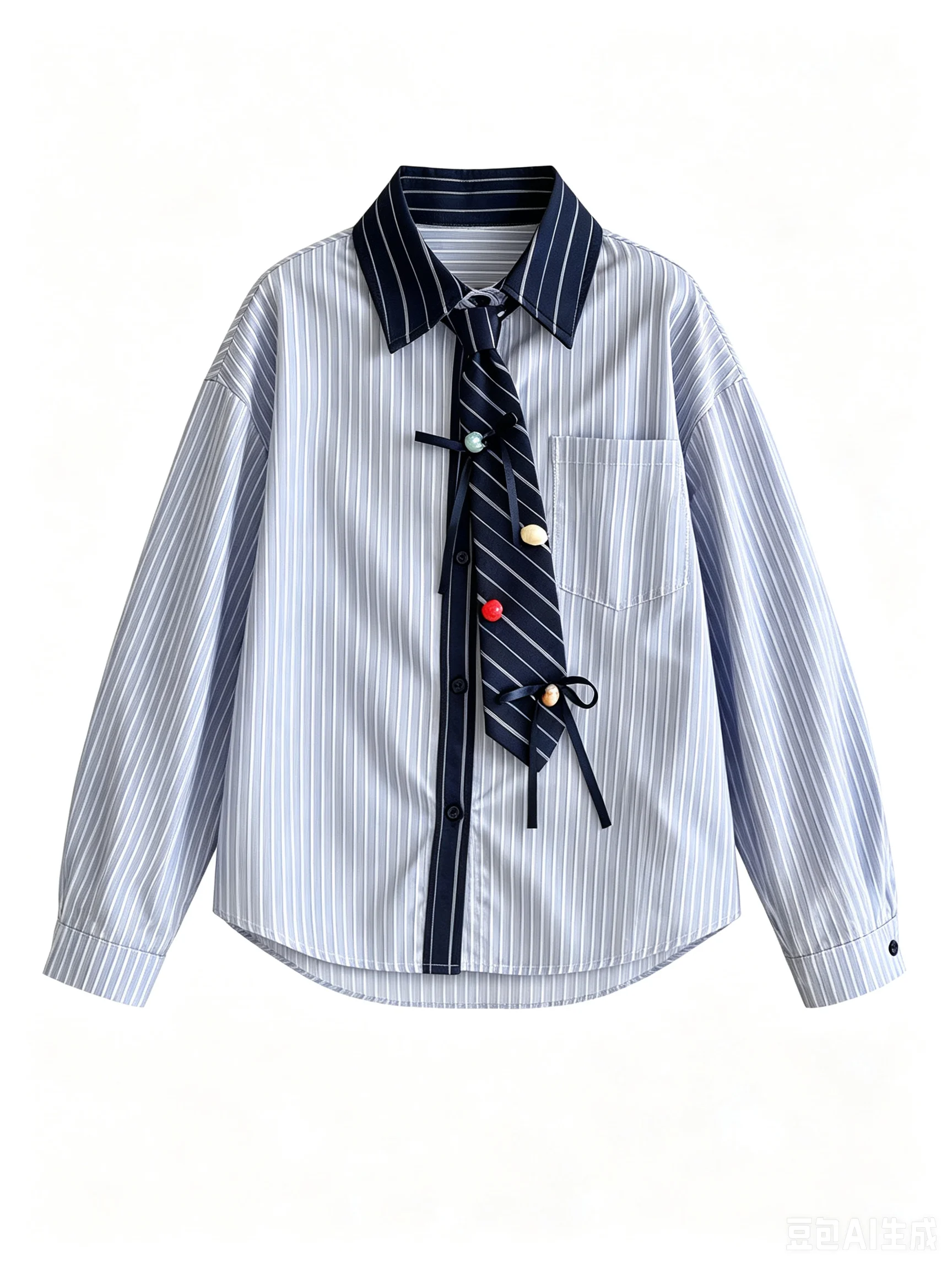 Cute Preppy JK Campus Striped Contrast Collar Shirt Detachable Bead Bow Tie Loose Long Sleeve Women Uniform Style Casual Blouse