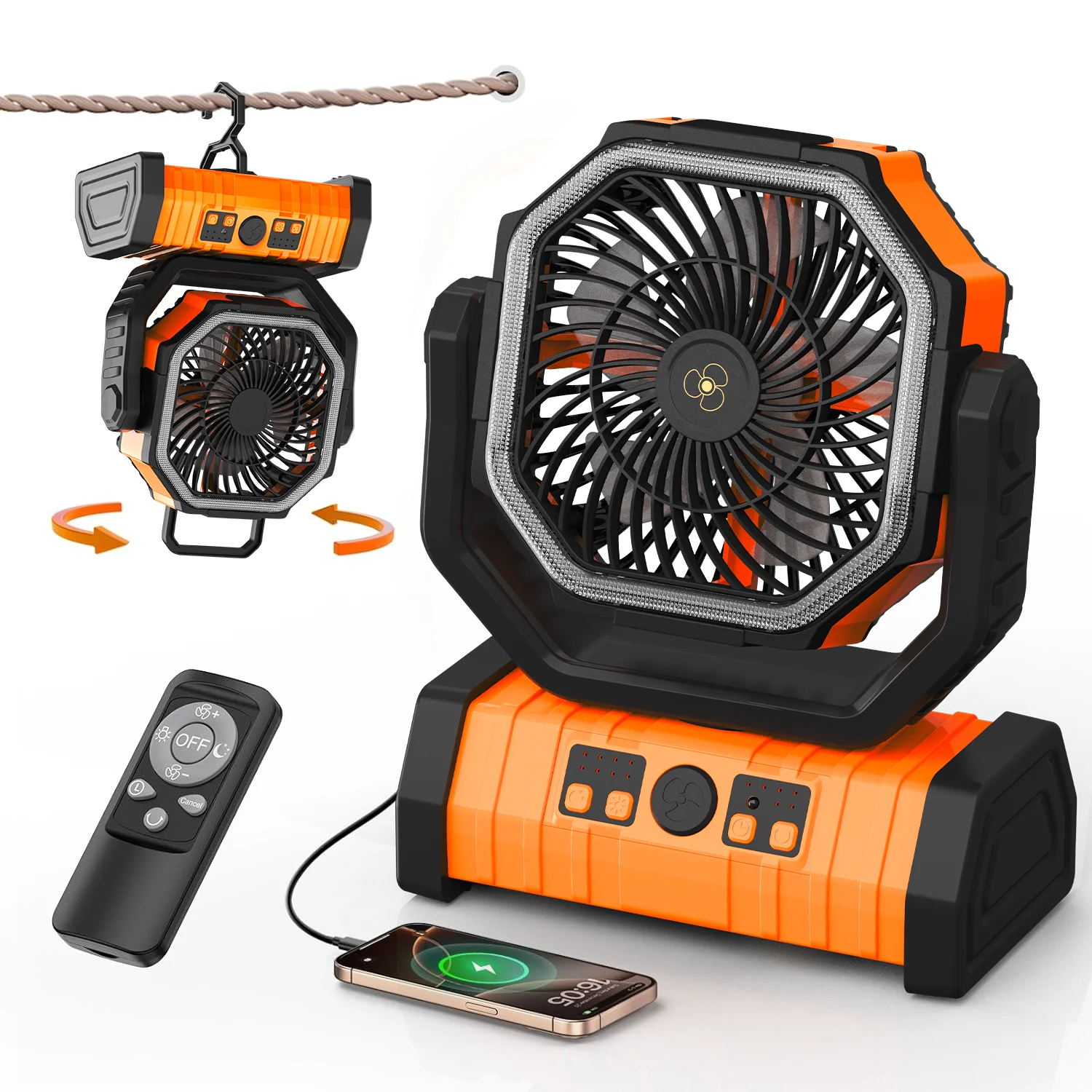 

Вентилятор для кемпинга на 20000 мАч, со светодиодной подсветкой и крючками, с дистанционным управлением для работы по таймеру, 4 режима скорости и функция освещения.