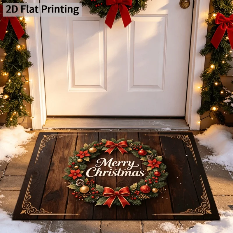 Felt Doormat,Xmas Wreath Bow Print,Dark Wood Grain Background,Merry Christmas Letter,Vintage Household Festival Rug