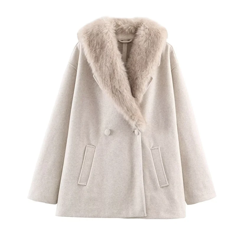 

Новое зимнее женское двубортное шерстяное пальто, элегантное однотонное пальто с воротником из искусственного меха, свободная куртка, повседневная женская верхняя одежда