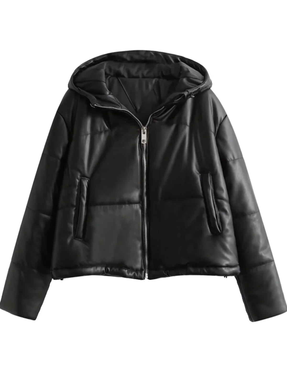 Damska luźna kurtka zimowa z PU skóry, ocieplana, wiatroodporna, z kapturem, codzienna, bawełniana, streetwearowa, zapinana na zamek, o regularnej długości.