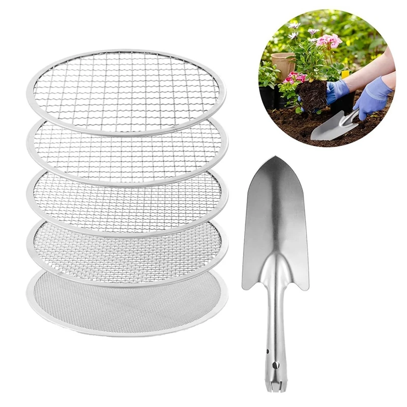 Soil Sifter Stainless Steel Riddle Sieve Set For Gardening With 5 Sizes 8In Diameter 1/3/6/9/12Mm Interchangeable Meshes Durable