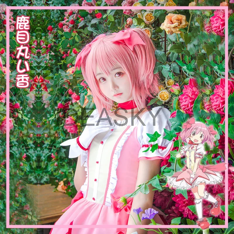 Puella Magi Madoka Magica ชุดเดรสคอสเพลย์สีแดงวิกผมเด็กผู้หญิง kaname Madoka ชุดเดรสสั้นสำหรับชุดคอสเพลย์ผู้หญิงพร้อมชุดโบนอต