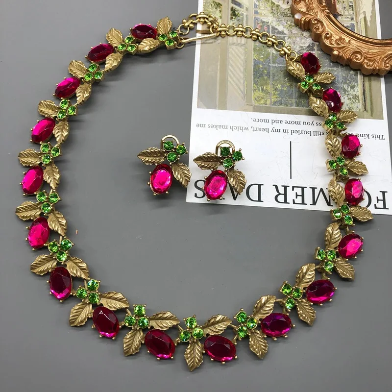 Retro distressed elegant jewelry versatile inlaid rose purple leaves shape exquisite necklace earrings jewelry