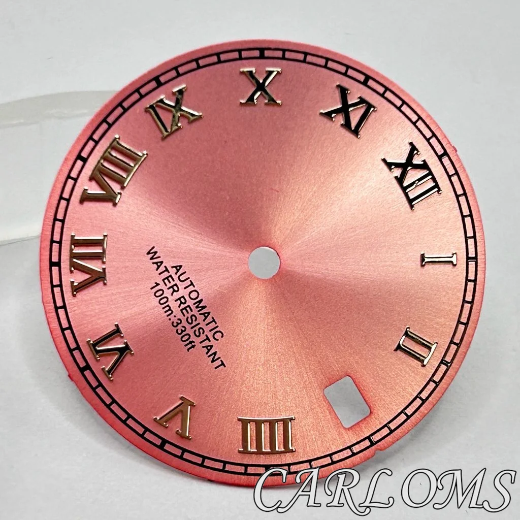 TOP 29mm NH35 NH36 4R35 4R36 Pink Sterile Watch Dial Date At 3 O'clock Case Crown Movement